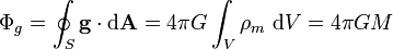 \Phi_g = \oint_S \mathbf{g} \cdot \mathrm{d}\mathbf{A} 
= 4 \pi G \int_V \rho_m\ \mathrm{d}V = 4 \pi GM