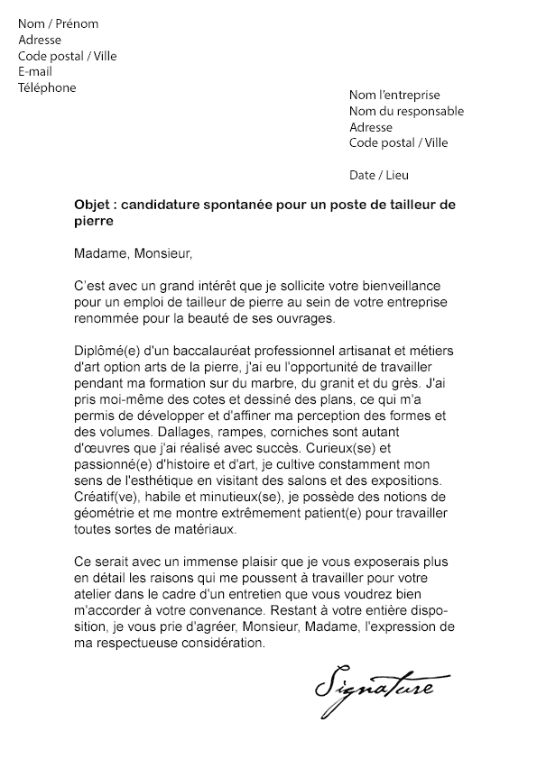 Lettre de motivation Tailleur de pierre - Modèle de Lettre