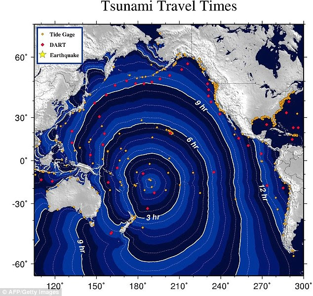 This graphic provided by the National Oceanic and Atmospheric Administration (NOAA) how fast the tsunami travels after an earthquake with a magnitude of 8.0 rocked the island nation of Samoa