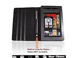 Bear Motion ® Premium 100% Genuine Leather Case for Kindle Fire Cover with Loop for Stylus (Stylus NOT included)- Black MP