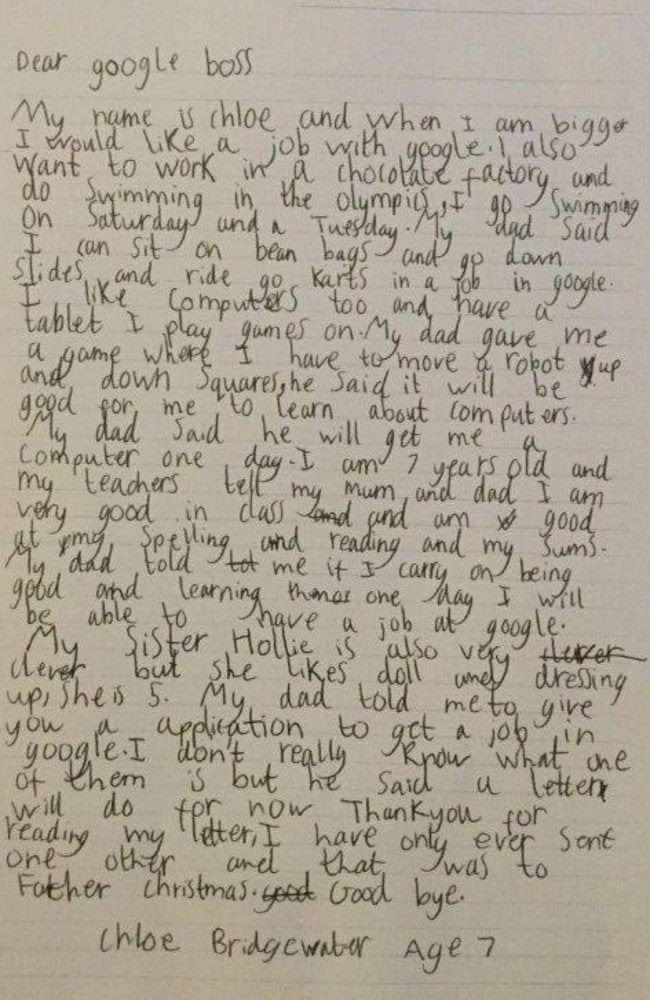 Chloe sent this letter to Google in hope of getting a job.