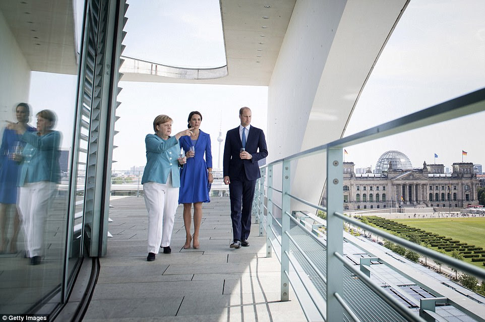 The couple had the chance to admire their surroundings before sitting down to lunch with Mrs Merkel. News website Spiegel Online has called the royal visit a 'charm offensive' - despite Kate admitting she doesn't speak the language
