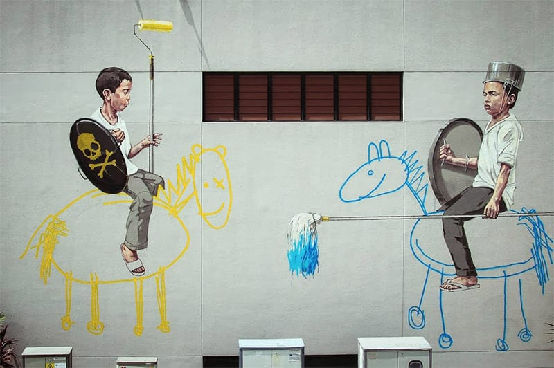 Jousting Painters on the Streets of Singapore by Ernest Zacharevic street art 