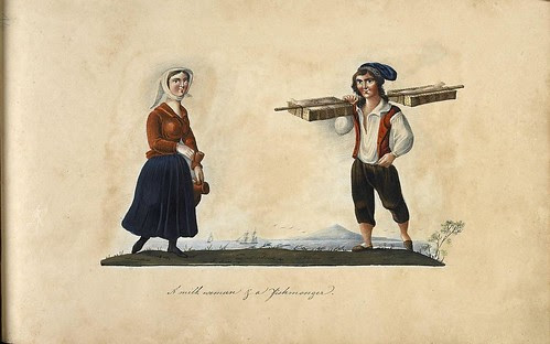 gouache sketches of 2 Portuguese people from 19th century