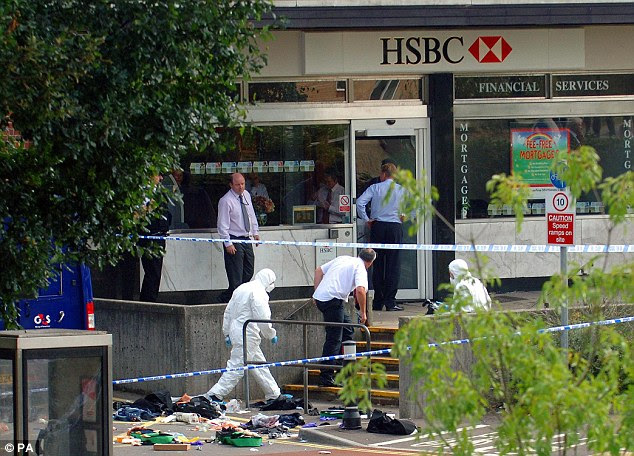 Crime scene: Police at the scene on September 13, 2007, where the two robbers were shot dead at an HSBC bank at Chandlers Ford, Hampshire