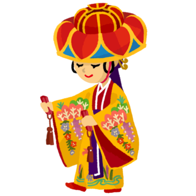 紅型を着て四つ竹を踊る女性 黄 の無料素材 イラスト沖縄 おきなわ
