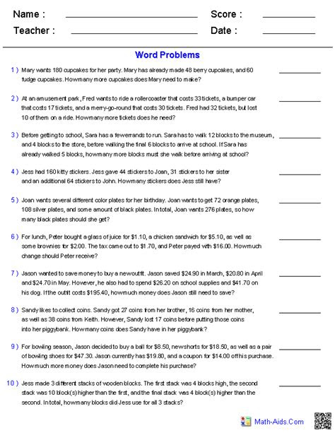  printable mixed addition and subtraction word problems for grade 3
