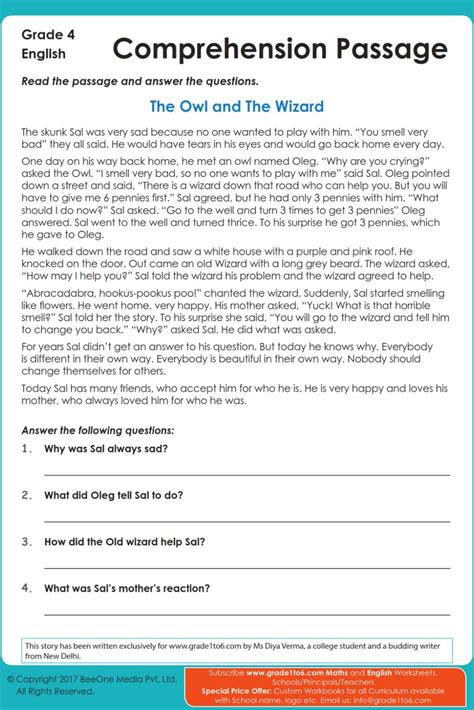  reading comprehension worksheets grade 4 artofit