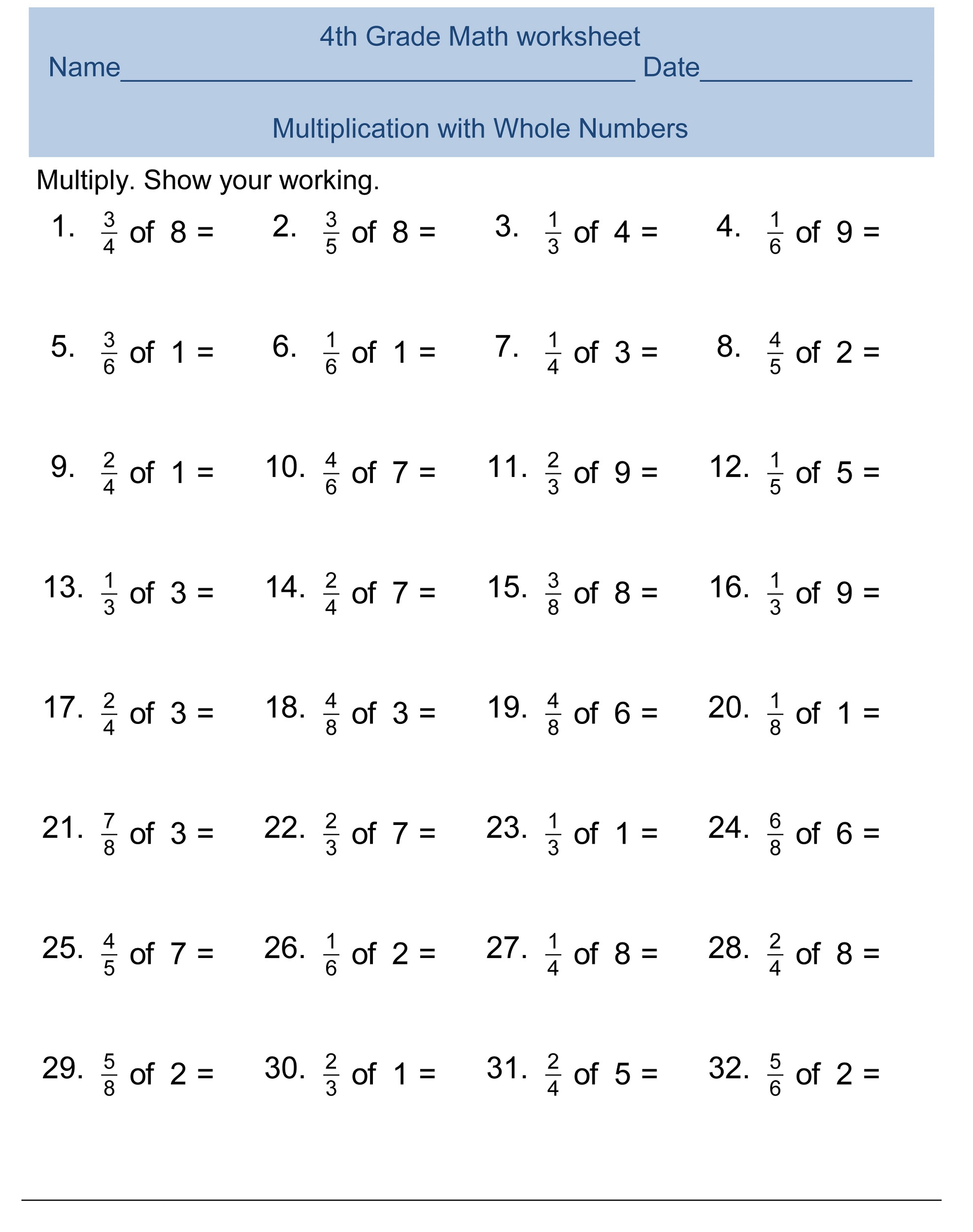 Free 4th Grade Math Worksheets