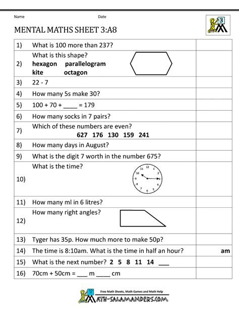 year 3 mental maths worksheets