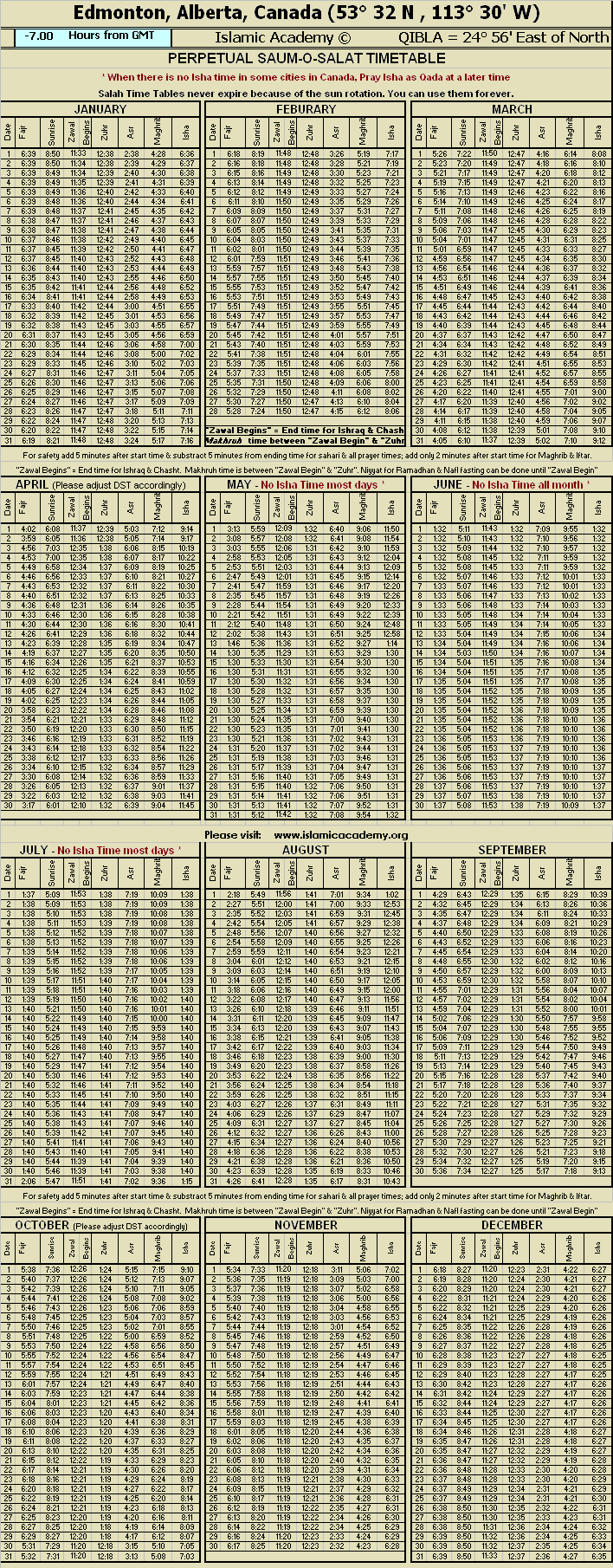 Islamic Namaz Salat Times Edmonton Alberta Canada Prayer Salah Time Table