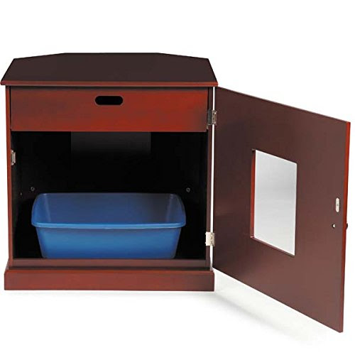 Corner End Table Cat Litter Cabinet with Concealed Drawer, Mahogany Finish