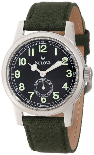 Best Review Bulova Men's Canvas Strap 96A102 Green Cloth Quartz Watch with Black Dial Canvas