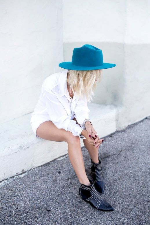 Le Fashion Blog Bright Blue Hat Long Blonde Bob White On White Look Via Courtney Always Judging Glady Tamez Hat Equipment Knox Lace Up Silk Top Paige Denim Catalina Shorts Anine Bing Boots With Silver Studs photo Le-Fashion-Blog-Bright-Blue-Hat-White-On-White-Look-Via-Courtney-Always-Judging.jpg
