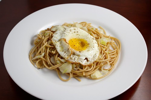 Whole Wheat Pasta with Green Garlic and a Fried Egg