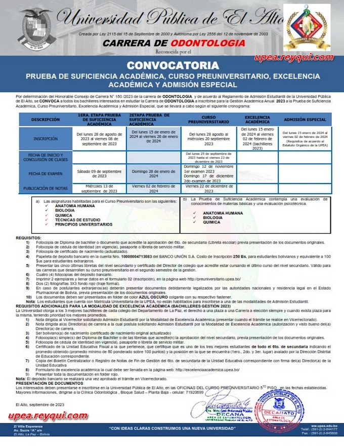 Odontología UPEA 2024: Convocatoria al Curso Preuniversitario y Prueba de Suficiencia Académica