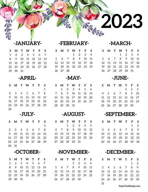  calendar 2023 printable one page paper trail design