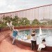 JAJA Architects, Nordhavn, Copenhagen, parking garage, green facade, red neighborhood, plant shelving system, planter boxes parking garage, centre pompidou, green roof, green roof public park, green roof playground, staircase frieze, staircase railing, the red thread