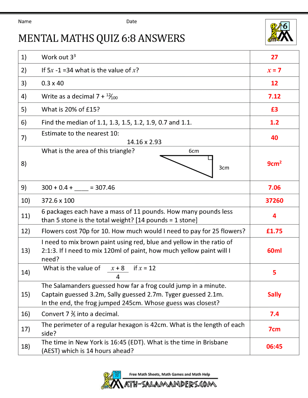 Mental Maths Tests Year 6 Worksheets