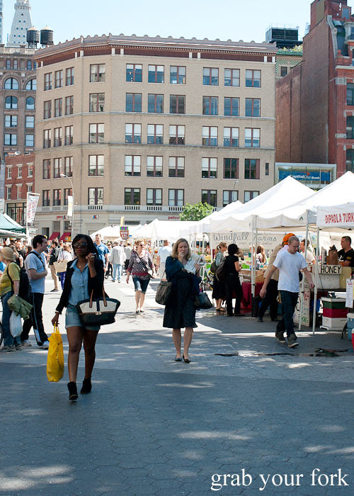 shoppers at union square greenmarket farmers market nyc new york usa