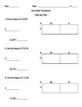 The questions included in the worksheet serve to demonstrate how to use the area model for the multiplication of numbers. area model multiplication one digit by two digit area model