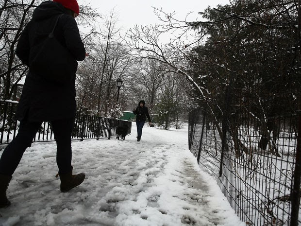  Prospect Park, no bairro do Brooklyn, em Nova York, está coberto pela neve em foto deste sábao (24): nevascas estão previstas para o nordeste dos Estados Unidos  (Foto: Spencer Platt/Getty Images/AFP)