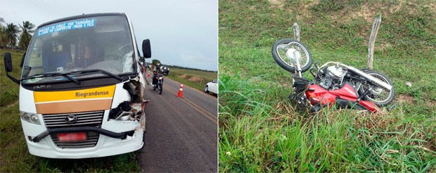 Segundo o CPRE, colisão entre o micro-ônibus e a moto foi frontal (Foto: Kléber Teixeira/Inter TV Cabugi)