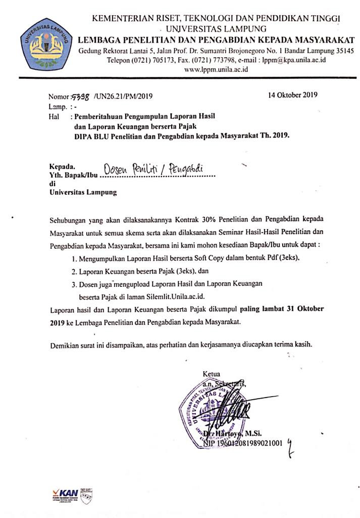 Pemberitahuan Pengumpulan Laporan Hasil Dan Laporan Keuangan Beserta Pajak Dipa Blu Universitas Lampung T A 2019 Lppm Unila