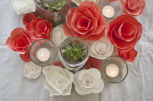 succulents, candles, paper flowers