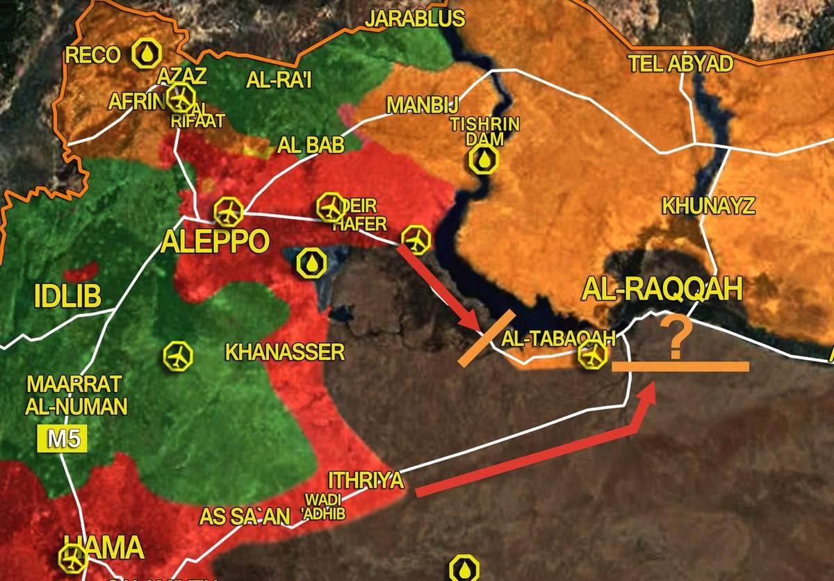 Carte des mouvements bloqués des forces gouvernementales pour reprendre Raqqa après la capture de Taqba par les FDS. SouthFront, modifiée.