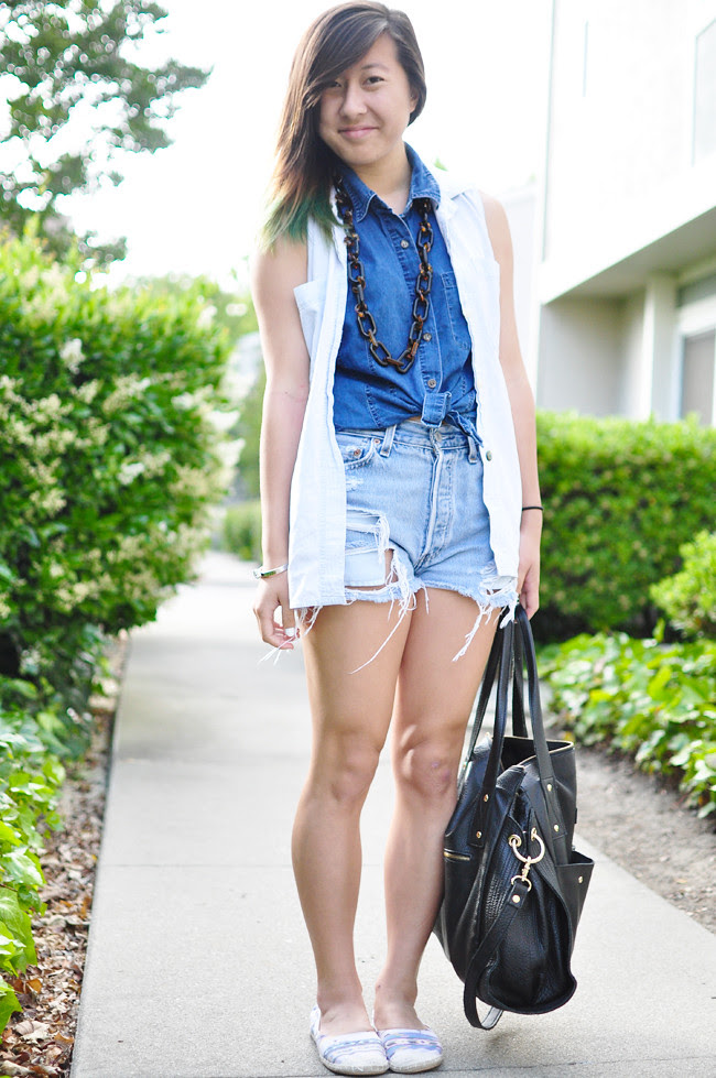 thrifted dark denim top, thrifted light denim vest, thrifted Levis cutoffs, random large tortoise chain necklace, black leather hobo {via Taiwan}, printed H&M espadrilles