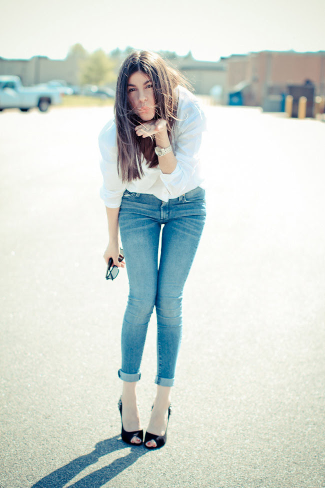 Sam Edelman Spiked Heels, Asos White Button Up, Skinny Jeans, Chanel bag