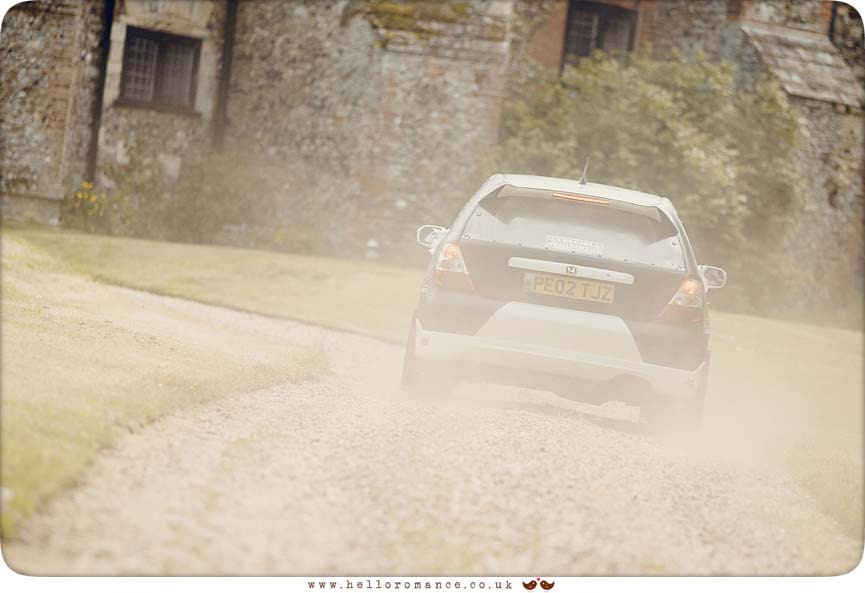Wedding Rally Car arriving at Butley Priory wedding venue, Suffolk - www.helloromance.co.uk