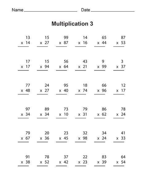  multiplying 2 digit by 2 digit numbers a printable multiplication
