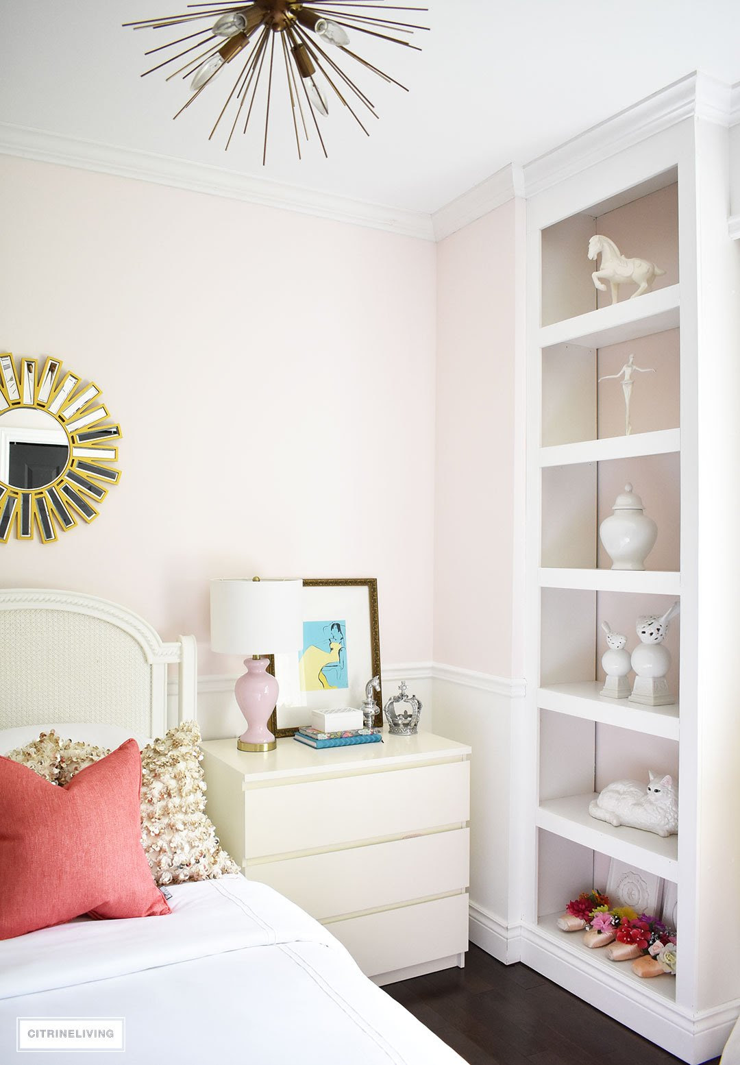 BLUSH PINK AND CORAL BEDROOM WITH BRASS ACCENTS