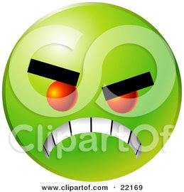 Clipart Illustration of a Green Emoticon Face With Red Eyes, Gritting Its Teeth, Symbolizing Anger And Bullying