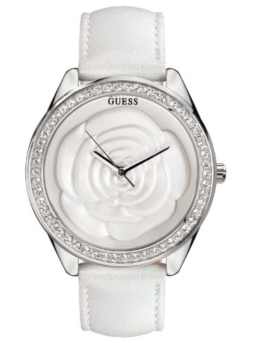 Guess Ladies White Rose Big Dial Leather Strap Watch W85075L1