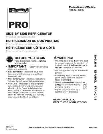eBook Kenmore Pro Refrigerator Installation Manual