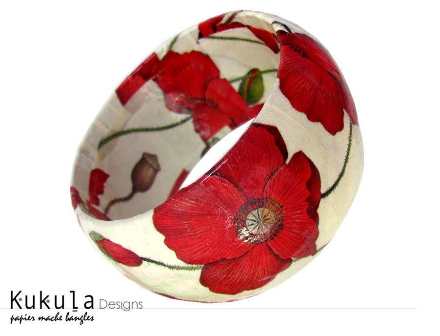 Paper mache bangle - Poppy, floral print