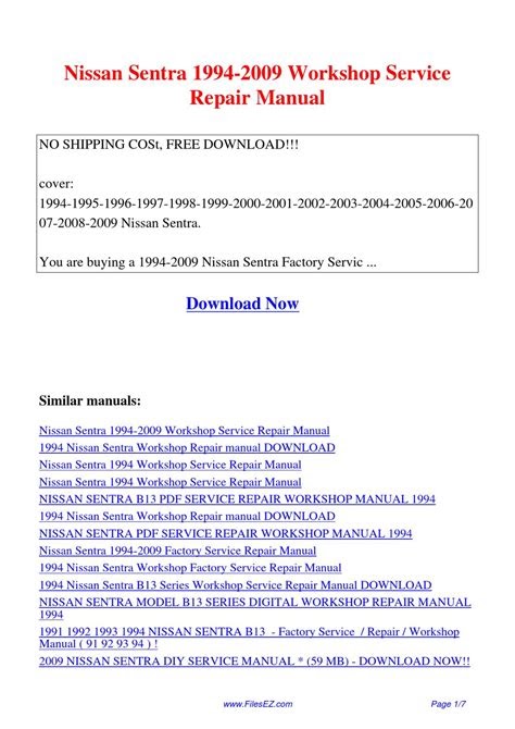 eBook Nissan Sentra 1994 2009 Workshop Service Repair Manual