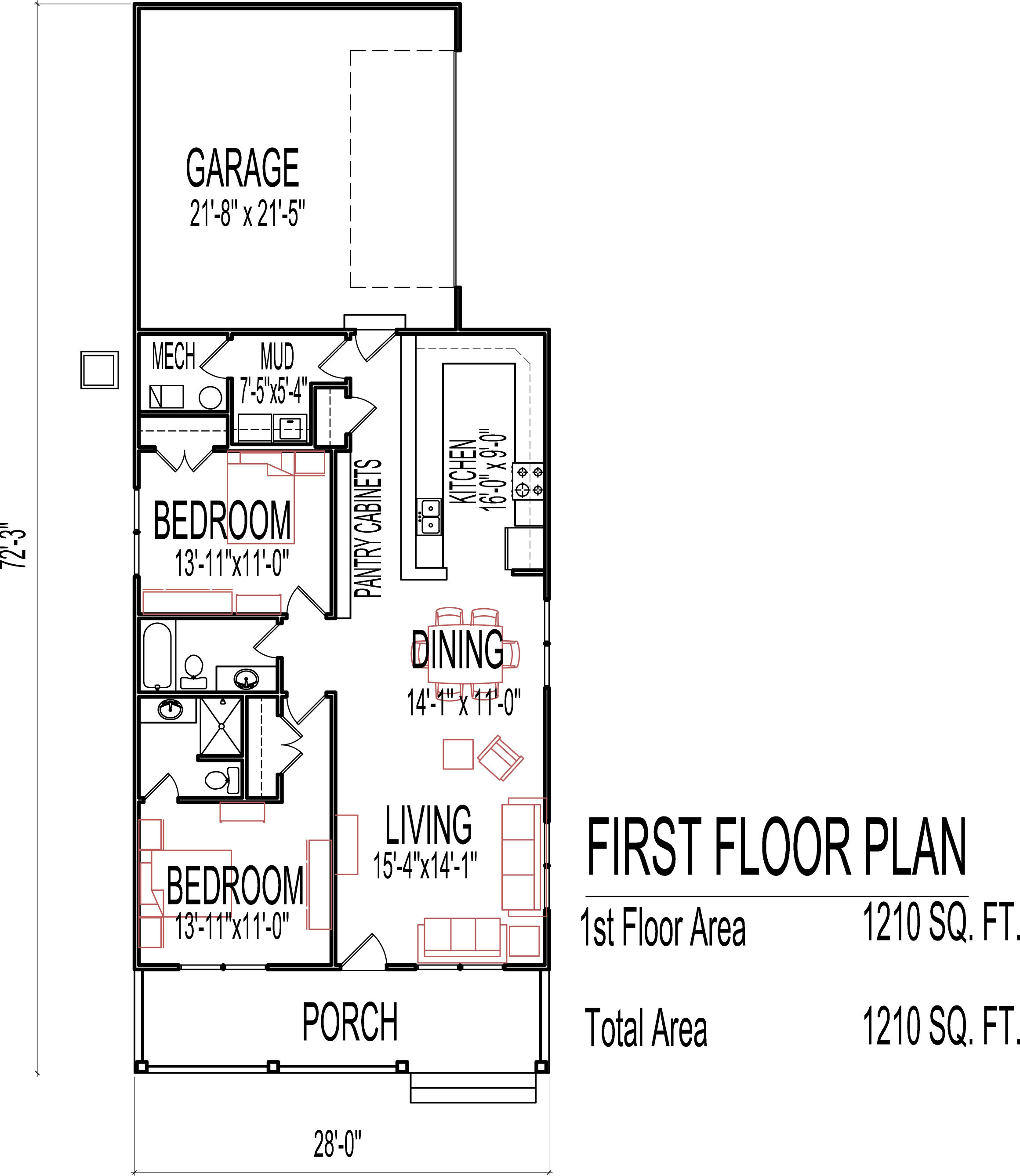 Small Two Bedroom House Plans Low Cost 1200 Sq Ft One Story Blueprint Drawings