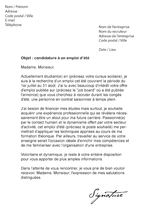 modele lettre de motivation emploi saisonnier