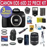 Canon EOS 60D 18MP Digital SLR Camera + Canon EF-S 18-55mm f/3.5-5.6 IS SLR Lens + Canon EF 75-300mm f/4-5.6 III Telephoto Zoom Lens + .40x Super Wide Angle Fisheye Lens + UV Filters + Circular Polarizer Filter + Professional 57' Tripod + Camera Backpack + Camera Holster Case + 8 GB Memory Card + Extra Rechargable Battery + Digital Pro Slave Flash + 6 Piece Starter Kit + 3 Year Celltime Warranty Repair Package