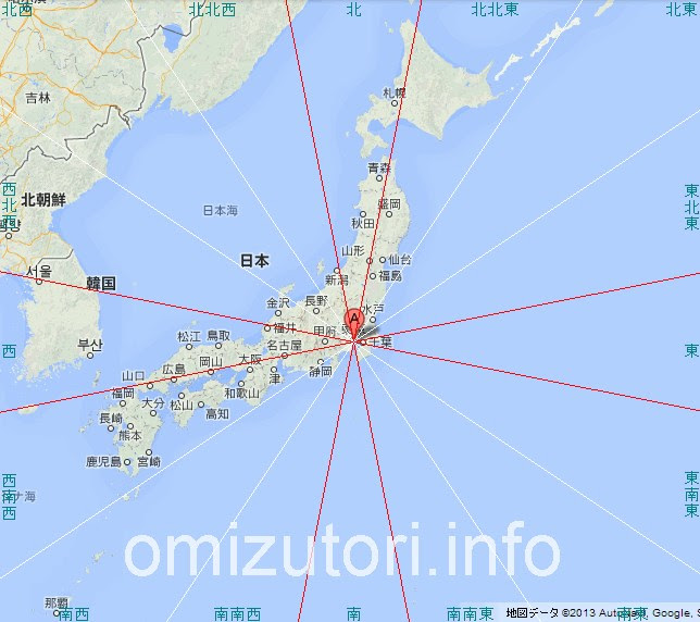 神奈川県川崎市から見た吉方位地図 主なパワースポット
