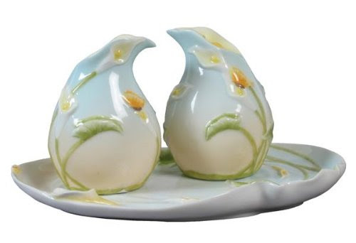 675 inch Glazed Porcelain Calla Lily Salt and Pepper on Tray