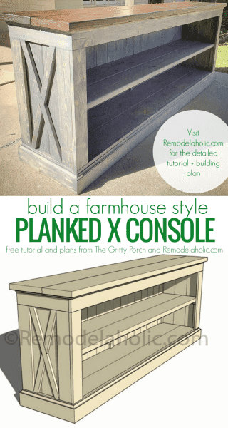 DIY tutorial and plans to build your own farmhouse style planked X console for a TV or dining room sideboard @Remodelaholic