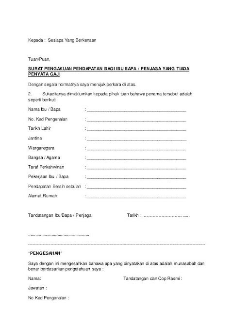 surat pengesahan pendapatan bagi yang tiada slip gaji
