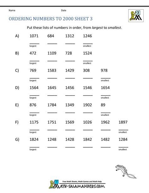  math worksheets 3rd grade ordering numbers to 10000