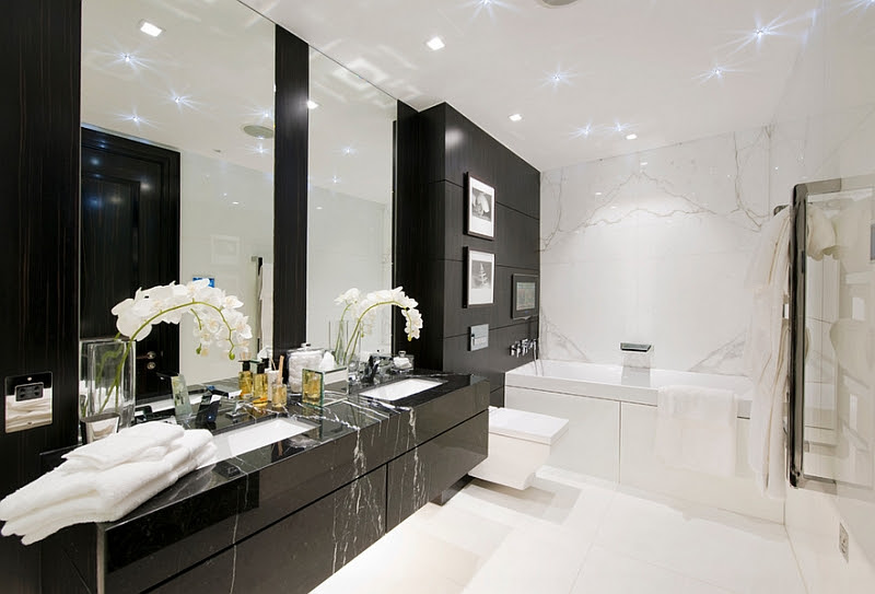 Black And White Bathroom Design : Black and White Theme for Minimalist Bathroom Ideas ... / Black and white bathroom design with a white washstand against a black wall warmed with a gold thin frame mirror and a polished brass vintage cross handle faucet.