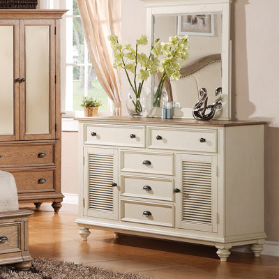 Coventry Two Tone Shutter Dresser and Mirrror Set in Weathered Driftwood and Dover White